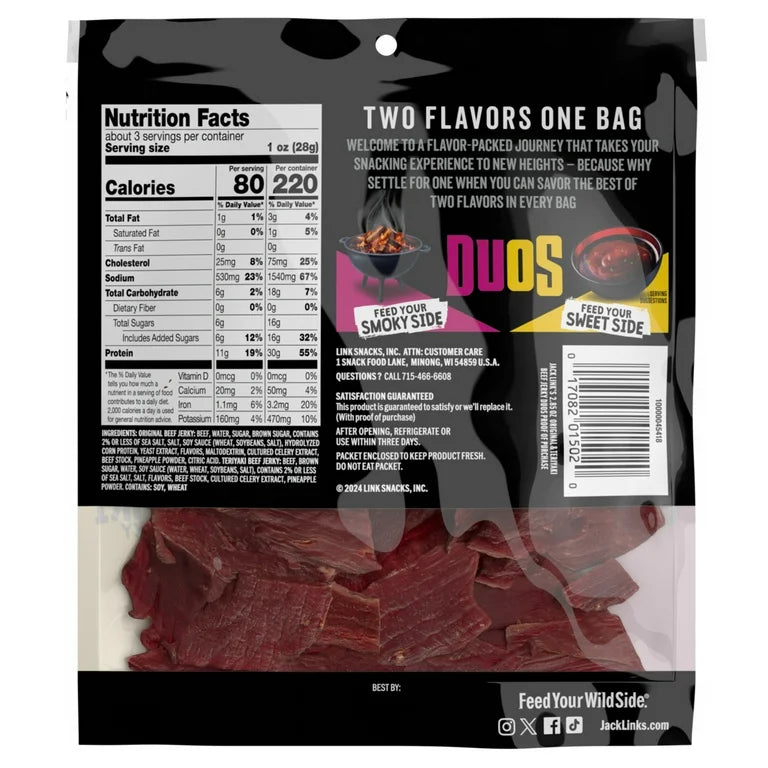 Jack Link’s Beef Jerky DUOS Original-Teriyaki 11g Proteína 81g