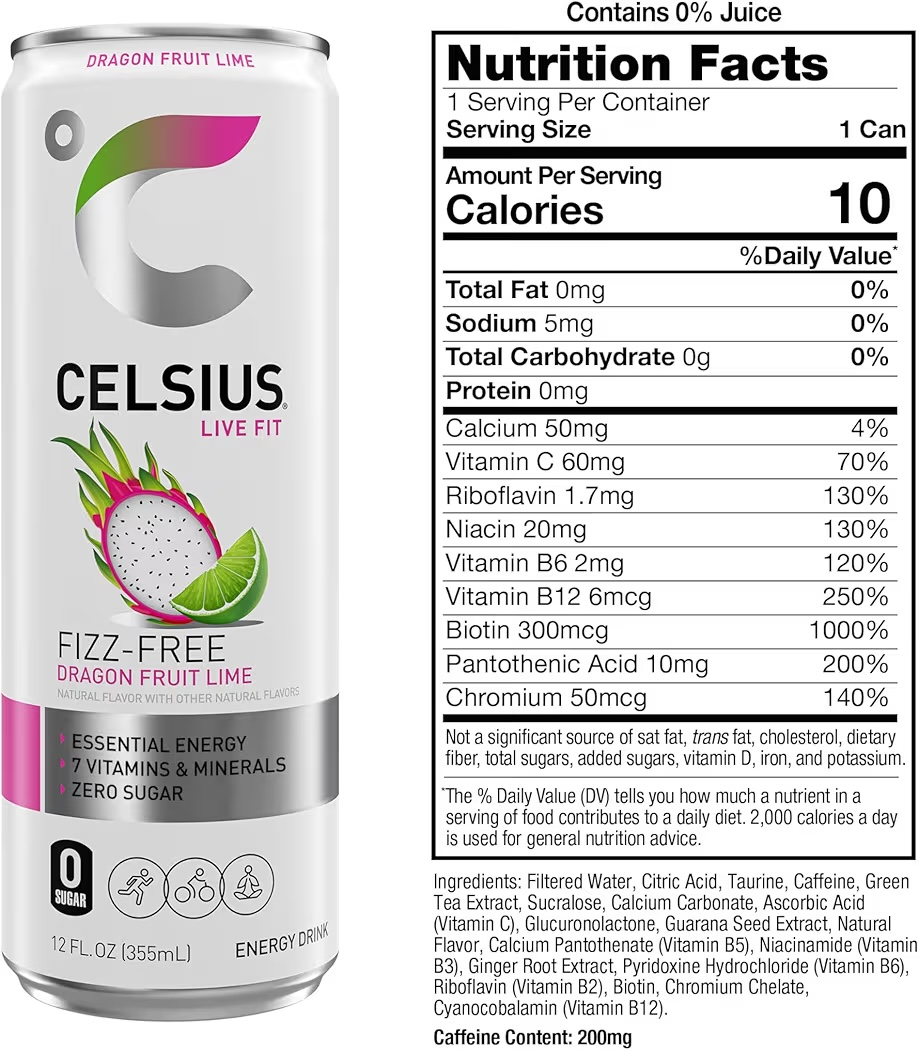 Bebida Energética Celsius Fizz Free Dragon Fruit Lime Sin Azúcar 355 mL