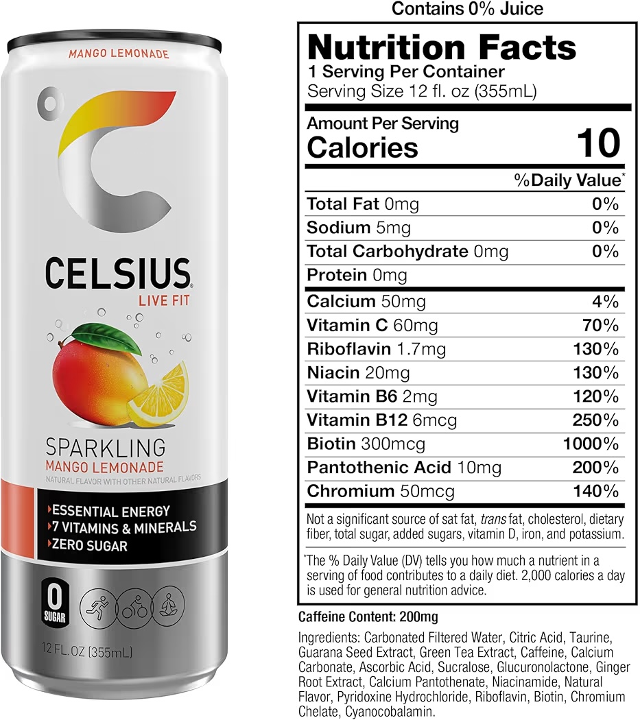Bebida Energética Celsius Sparkling Mango Lemonade Sin Azúcar 355 mL