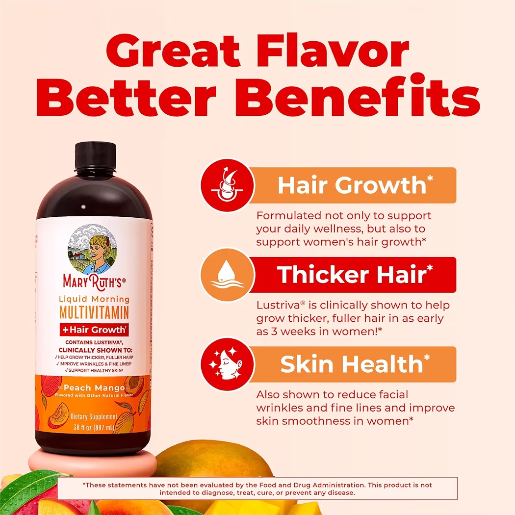 MULTIVITAMIN: Liquid Morning Mary Ruth’s + Hair Growth Peach Mango 450 mL