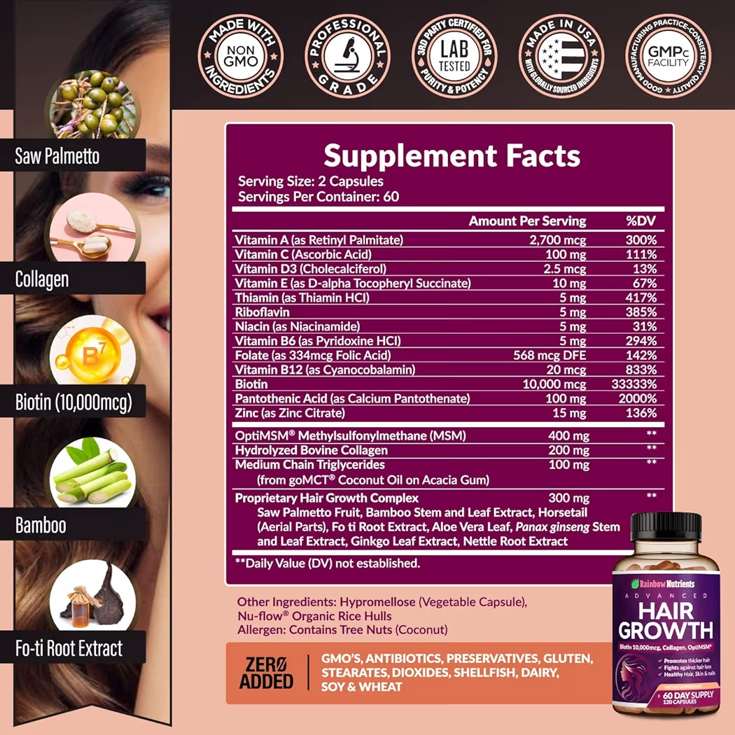 HAIR GROWTH: Cápsulas Rainbow Nutrients Advanced x120 Unidades
